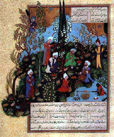 عمر الخيام كما تخيل مجالسه الرسامون هو احد الرموز المقترحة للغة الفارسية مع الشيرازي والفردوسي