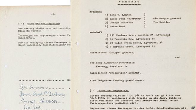 طرح أول عقد تسجيل غنائي للبيتلز للبيع في مزاد