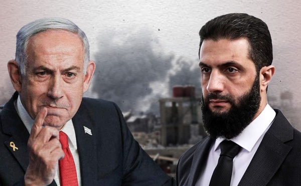 الرئيس السوري في المرحلة الانتقالية أحمد الشرع ورئيس الوزراء الإسرائيلي بنيامين نتنياهو (تعديل عنب بلدي)